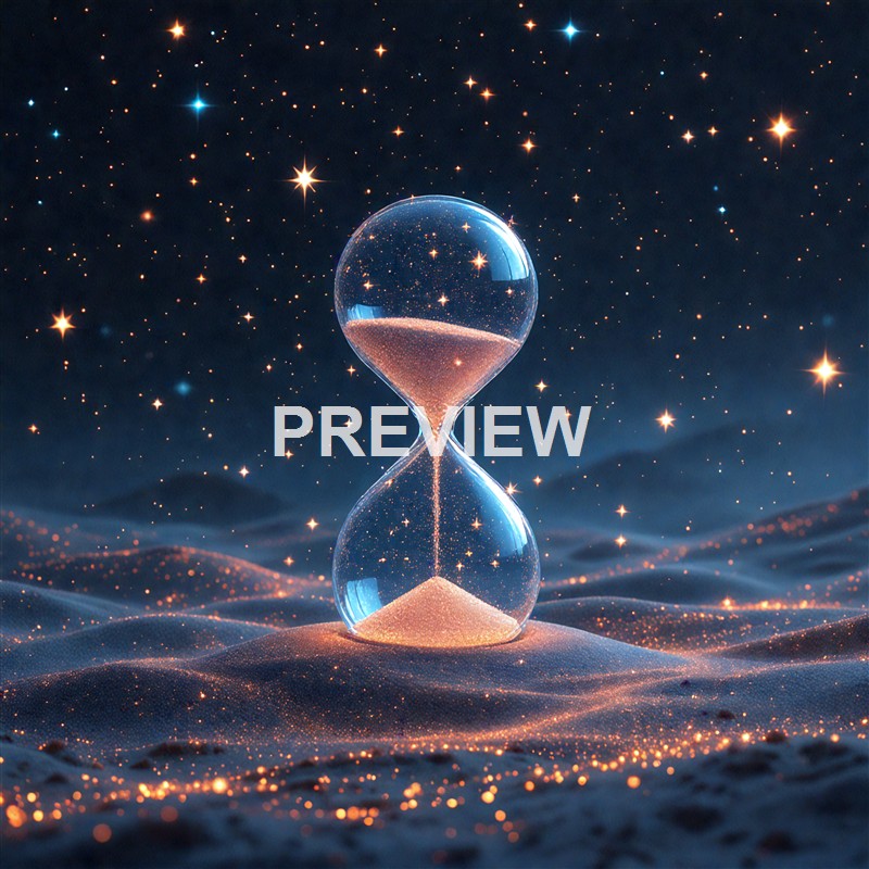 An hourglass with sand flowing from the top to the bottom is set against a cosmic background filled with stars and glowing particles, creating a surreal and mystical scene.